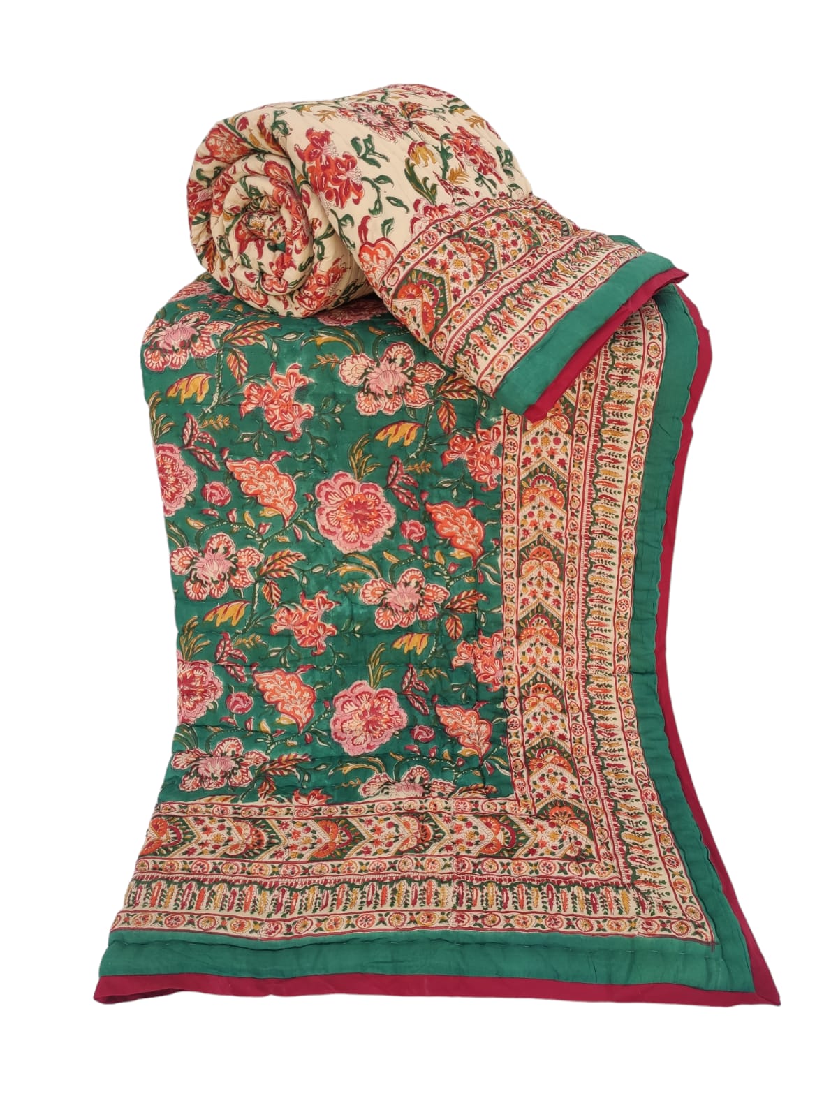 Dessus de lit boutis en coton matelassé imprimé à la main selon la technique du block print, confection artisanale en Inde par Umanari