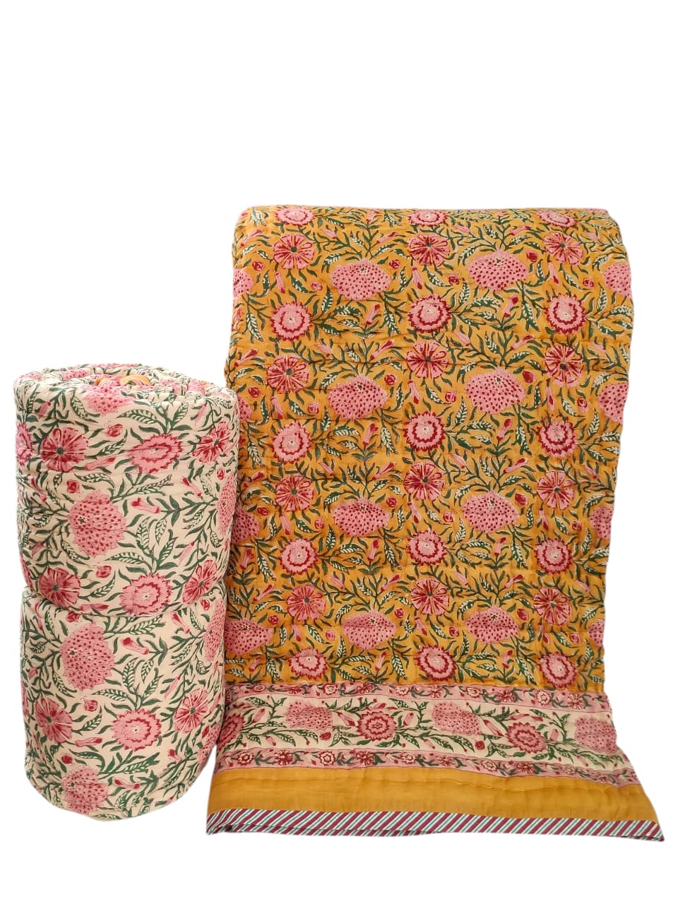 Dessus de lit boutis en coton matelassé imprimé à la main selon la technique du block print, confection artisanale en Inde par Umanari