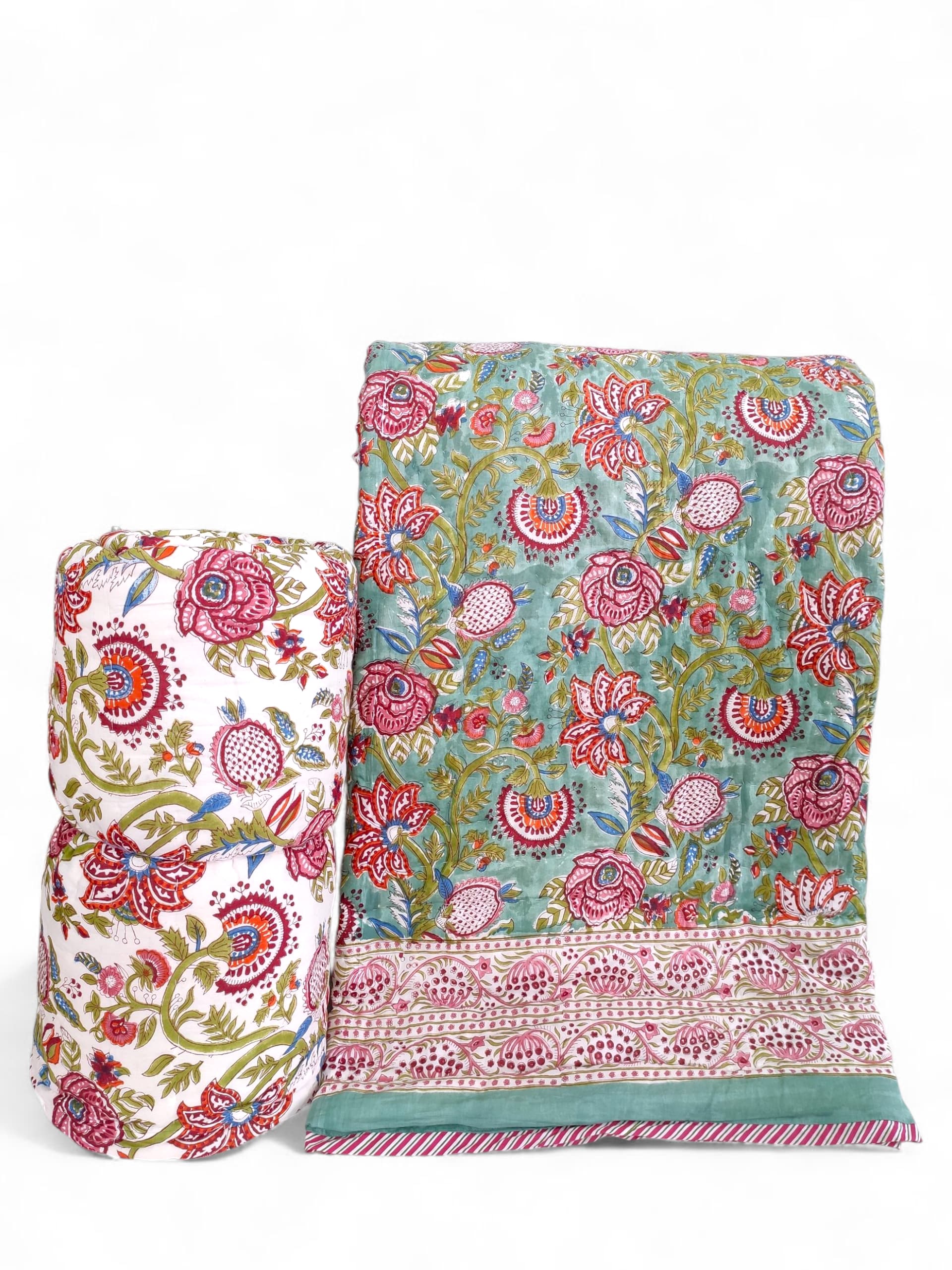 Dessus de lit boutis en coton matelassé imprimé à la main selon la technique du block print, confection artisanale en Inde par Umanari