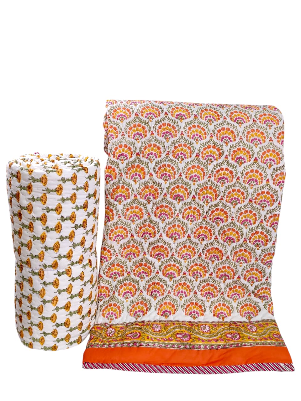 Dessus de lit boutis en coton matelassé imprimé à la main selon la technique du block print, confection artisanale en Inde par Umanari