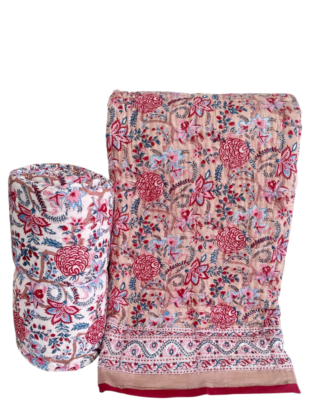 Dessus de lit boutis en coton matelassé imprimé à la main selon la technique du block print, confection artisanale en Inde par Umanari.