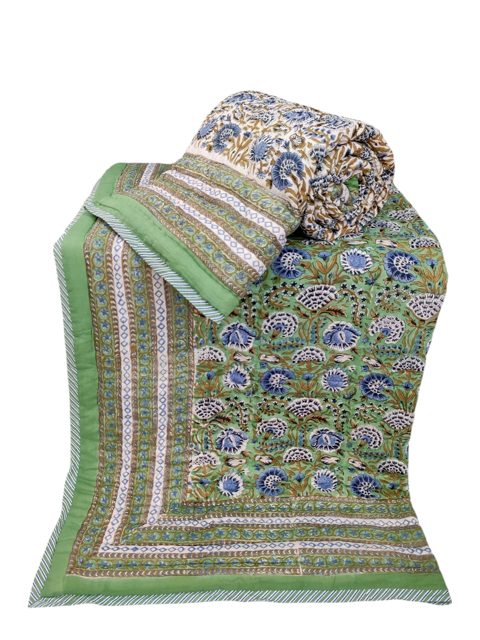 Dessus de lit boutis en coton matelassé imprimé à la main selon la technique du block print, confection artisanale en Inde par Umanari.