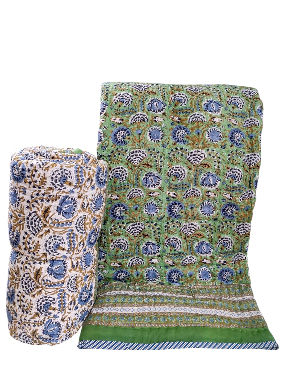 Dessus de lit boutis en coton matelassé imprimé à la main selon la technique du block print, confection artisanale en Inde par Umanari.